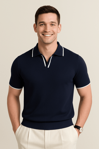 Aaron Strickpoloshirt Kurzarm Kontrastkante - Polos - Dunkelblau - Müller Mode