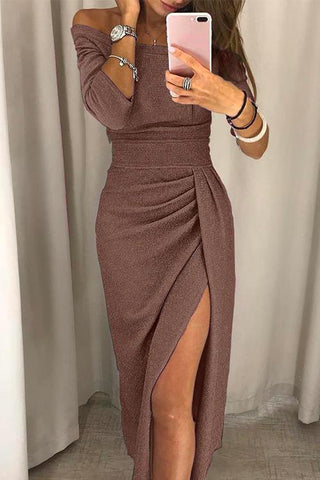Amelie Glitzerndes Off - Shoulder Kleid mit Schlitz - Kleider - Braun - Müller Mode