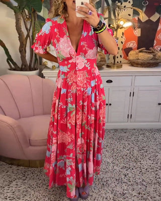 Anni - Blumenkleid - A - Linie - Puffärmel - Kleider - Rot - Müller Mode
