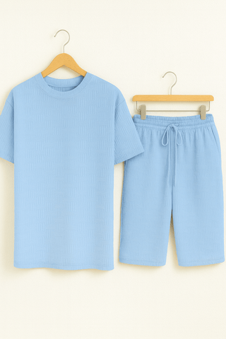 Bernard Strukturierter Oversized - T-Shirt Shorts Set - Sets - Himmelblau - Müller Mode