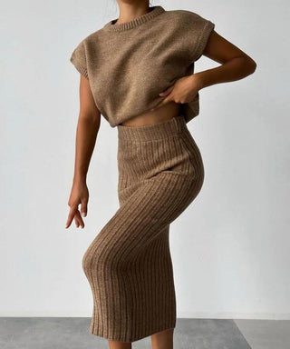 Carissa - Passendes Top und Midi - Rock - Strick - Set - Sets - Braun - Müller Mode
