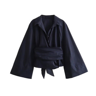 Charissa - Langärmelige Kimono - Bluse - Breiter Fliegengürtel - Bluse - Marineblau - Müller Mode