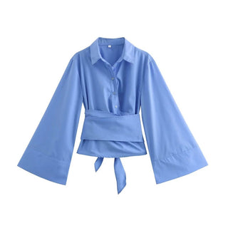 Charissa - Langärmelige Kimono - Bluse - Breiter Fliegengürtel - Bluse - Blau - Müller Mode