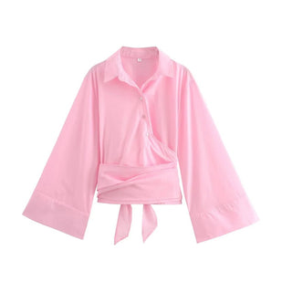 Charissa - Langärmelige Kimono - Bluse - Breiter Fliegengürtel - Bluse - Rosa - Müller Mode