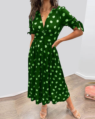 Christa - Gepunktetes Midikleid - Femininer V - Ausschnitt - Kleider - Grün - Müller Mode
