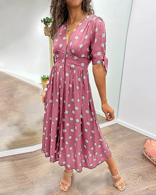 Christa - Gepunktetes Midikleid - Femininer V - Ausschnitt - Kleider - Hellrosa - Müller Mode
