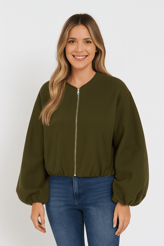 Emilia Reißverschlussjacke mit Ballonärmeln - Jacken - Armeegrün - Müller Mode