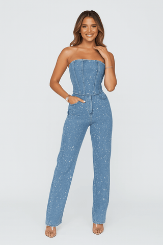 Helga Schulterfreier Jumpsuit mit Pailletten - Jumpsuits - Blau - Müller Mode