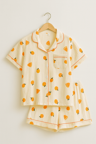 Ida Kurz Pyjama Set mit Fruchtmuster - Unterwäsche & Nachtwäsche - Beige - Müller Mode