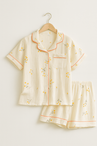 Ida Kurz Pyjama Set mit Fruchtmuster - Unterwäsche & Nachtwäsche - Weiß - Müller Mode