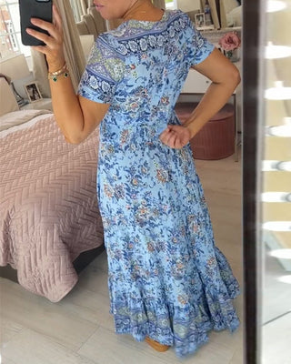 Inka - V - Ausschnitt Kleid - Blumenprint - Kleider - Blau - Müller Mode