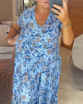 Inka - V - Ausschnitt Kleid - Blumenprint - Kleider - Blau - Müller Mode