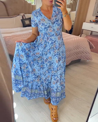 Inka - V - Ausschnitt Kleid - Blumenprint - Kleider - Blau - Müller Mode