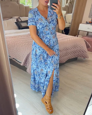 Inka - V - Ausschnitt Kleid - Blumenprint - Kleider - Blau - Müller Mode
