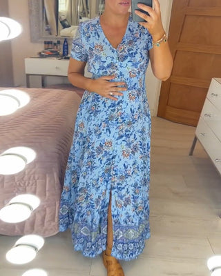 Inka - V - Ausschnitt Kleid - Blumenprint - Kleider - Blau - Müller Mode
