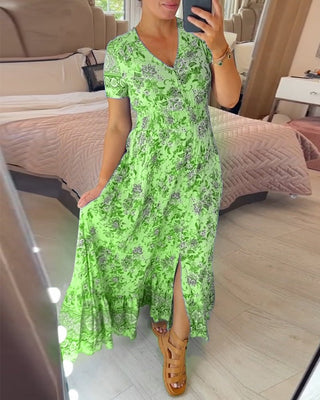 Inka - V - Ausschnitt Kleid - Blumenprint - Kleider - Grün - Müller Mode