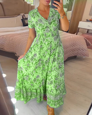 Inka - V - Ausschnitt Kleid - Blumenprint - Kleider - Grün - Müller Mode