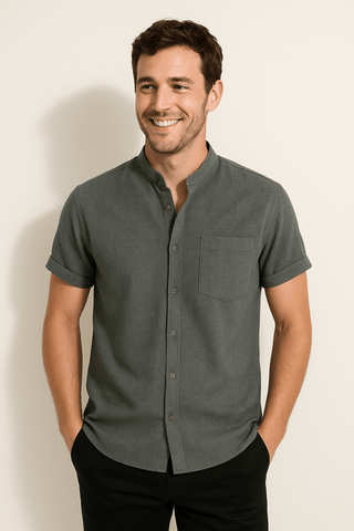 James Kurzarmhemd mit Stehkragen und Brusttasche - Hemden - Grau - Müller Mode