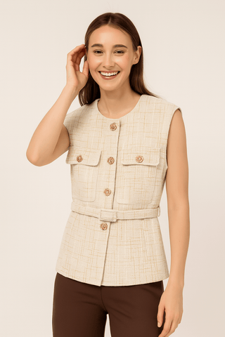 Jamila Weste mit Bindegürtel und Goldknöpfe - Jacken - Beige - Müller Mode