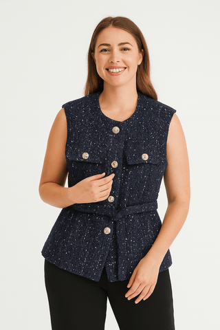 Jamila Weste mit Bindegürtel und Goldknöpfe - Jacken - Marineblau - Müller Mode