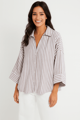 Jolie Oversize Bluse gestreift mit Knöpfen - Bluse - Braun - Müller Mode