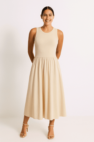 Karin Ärmelloses Kleid mit Ripp - Top und weitem Rock - Kleider - Khaki - Müller Mode