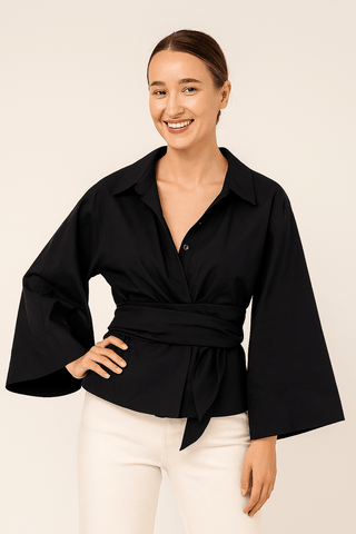 Latifa Bluse mit Bindegürtel und weitem - Bluse - Blau - Müller Mode
