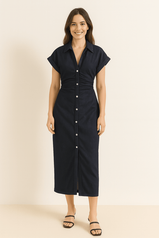 Lucie Midi - Hemdkleid mit Knopfleiste und Raffung - Kleider - Marineblau - Müller Mode