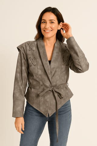 Madonna Lederjacke mit Bindegürtel - Lederjacken - Schwarz - Müller Mode