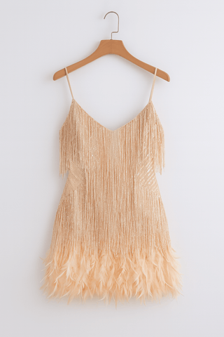 Natascha Mini - Trägerkleid mit Fransen & Feder - Saum - Kleider - Beige - Müller Mode