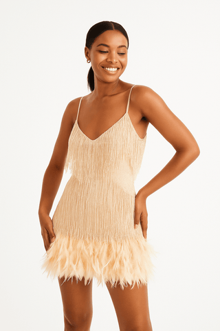 Natascha Mini - Trägerkleid mit Fransen & Feder - Saum - Kleider - Beige - Müller Mode