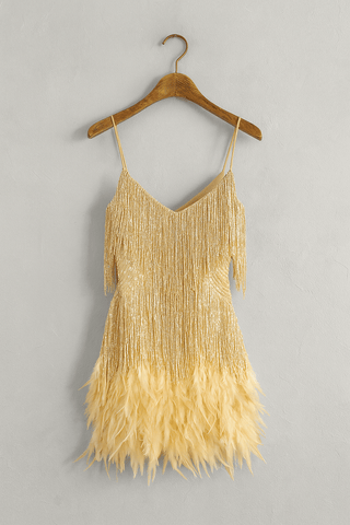 Natascha Mini - Trägerkleid mit Fransen & Feder - Saum - Kleider - Gold - Müller Mode
