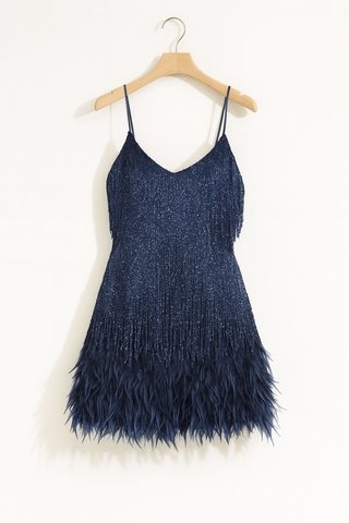 Natascha Mini - Trägerkleid mit Fransen & Feder - Saum - Kleider - Marineblau - Müller Mode