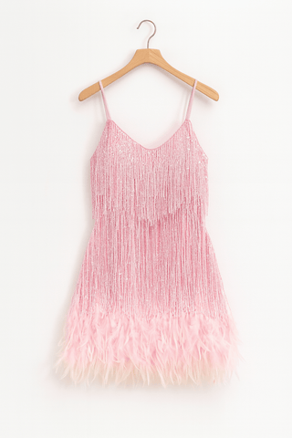 Natascha Mini - Trägerkleid mit Fransen & Feder - Saum - Kleider - Rosa - Müller Mode