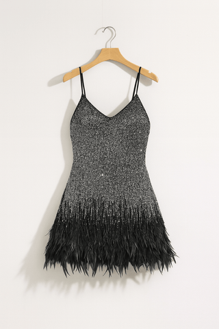 Natascha Mini - Trägerkleid mit Fransen & Feder - Saum - Kleider - Schwarz - Müller Mode