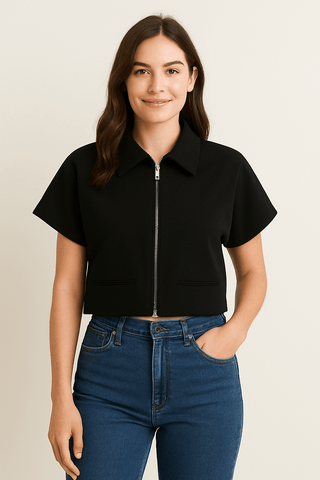 Shirley Kurzarm Zip - Jacke Schwarz mit Kragen - Tops - Schwarz - Müller Mode