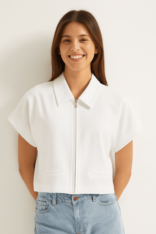 Shirley Kurzarm Zip - Jacke Schwarz mit Kragen - Tops - Weiß - Müller Mode