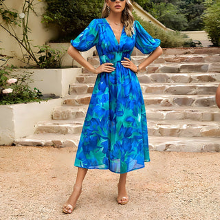 Theresa - Midikleid mit V - Ausschnitt - Sommerkleid - Kleider - Blau - Müller Mode