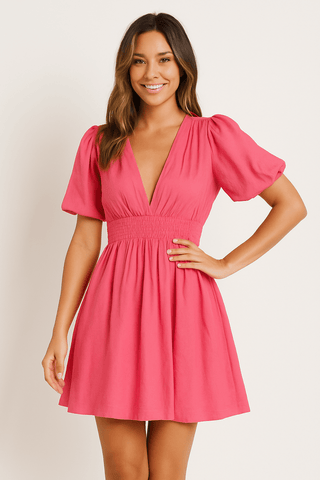 Yasmin Minikleid mit Puffärmeln und tiefem V - Ausschnitt - Kleider - Rosa - Müller Mode
