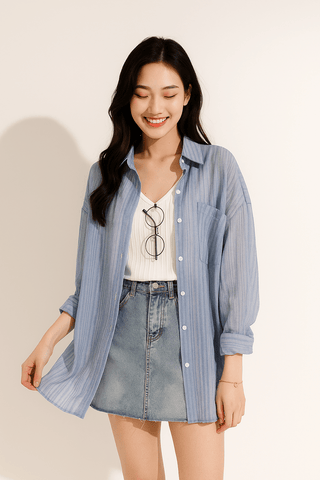 Yvet Lockere Bluse mit Knopfleiste und Brusttasche - Bluse - Blau - Müller Mode