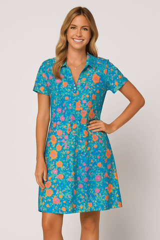 Zoe Blumenkleid mit V - Ausschnitt und Schlitz - Kleider - Hellblau - Müller Mode