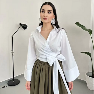 Charissa - Langärmelige Kimono-Bluse - Breiter Fliegengürtel