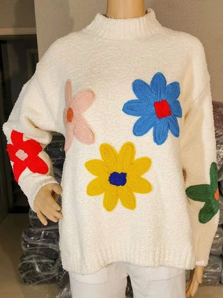 Solange - Strickrollkragenpullover - Buntes Blumendesign