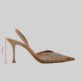 Remy - Spitz Zulaufende Slingback Absätze - Mesh und Edelsteine