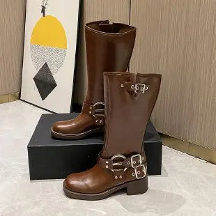 Kassandra - Kniehohe Retro-Stiefel - Gürtelschnalle Design