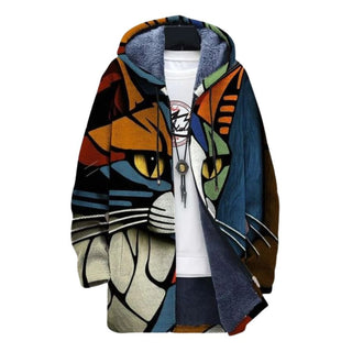 Alex – Herren - Übergroße Jacke – Kapuzenjacke mit Katzenprint - Strickwaren - Mehrfarbig - Müller Mode