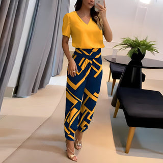 Alexandra – Luxus - Set für Damen – Bluse mit V - Ausschnitt und Hose - Sets - Gelb / Blau - Müller Mode