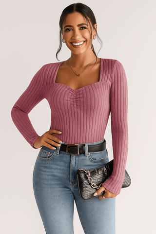 Amina Geripptes Langarm - Top mit eckigem Ausschnitt - Tops - Rosa - Müller Mode
