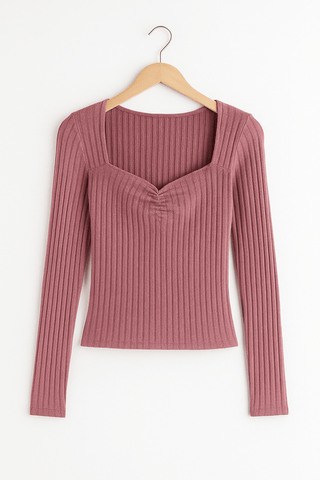 Amina Geripptes Langarm - Top mit eckigem Ausschnitt - Tops - Rosa - Müller Mode