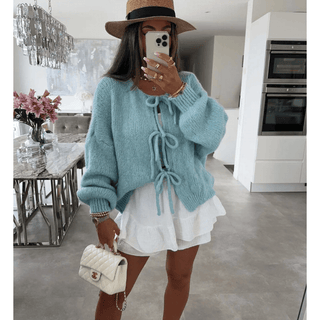 Bernice - Oversized Strickjacke - Schleifenverschluss - Strickwaren - Blau - Müller Mode